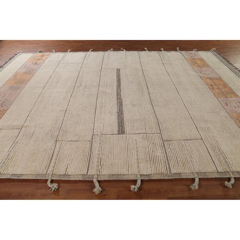 Moroccan Oriental Area Rug Handmade Beige Wool Carpet - 8'11"x 12'6"