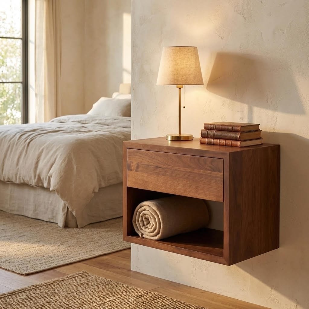 Solid Walnut Hardwood Floating Nightstand Side Table - Mid Century Modern Bedside Tables With 1 Drawer