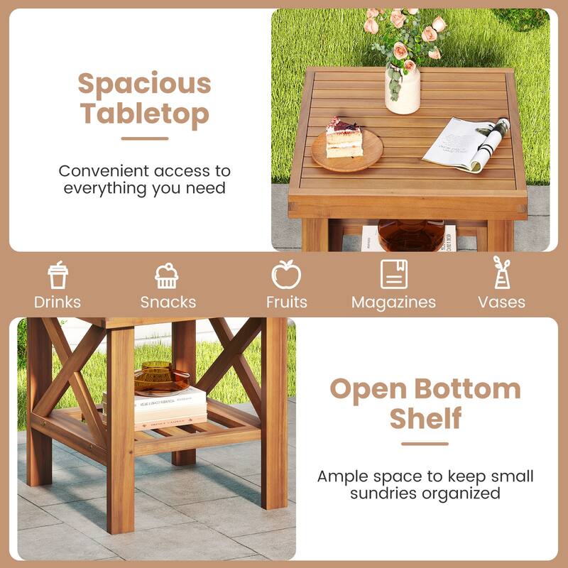 18" Acacia Wood Outdoor Side Table with Open Storage Shelf and X-Shaped Frames for Patio or Garden - 18" x 18" x 18"