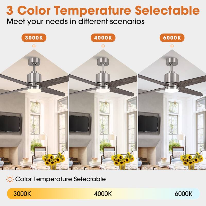 52" Modern Wooden 4-blade Brushed Nickel Ceiling Fan with Light and Remote