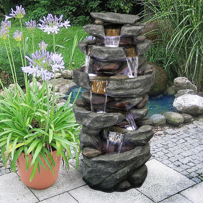40.55'' Modern Rock Water Fountain Outdoor Waterfall with Lights