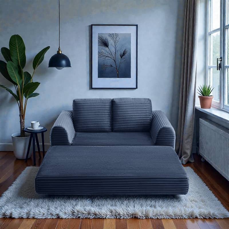 2 in 1 Folding Sofa Bed Loveseat, Corduroy Convertible Sleeper Couch with Pillows, Boneless Floor Futon