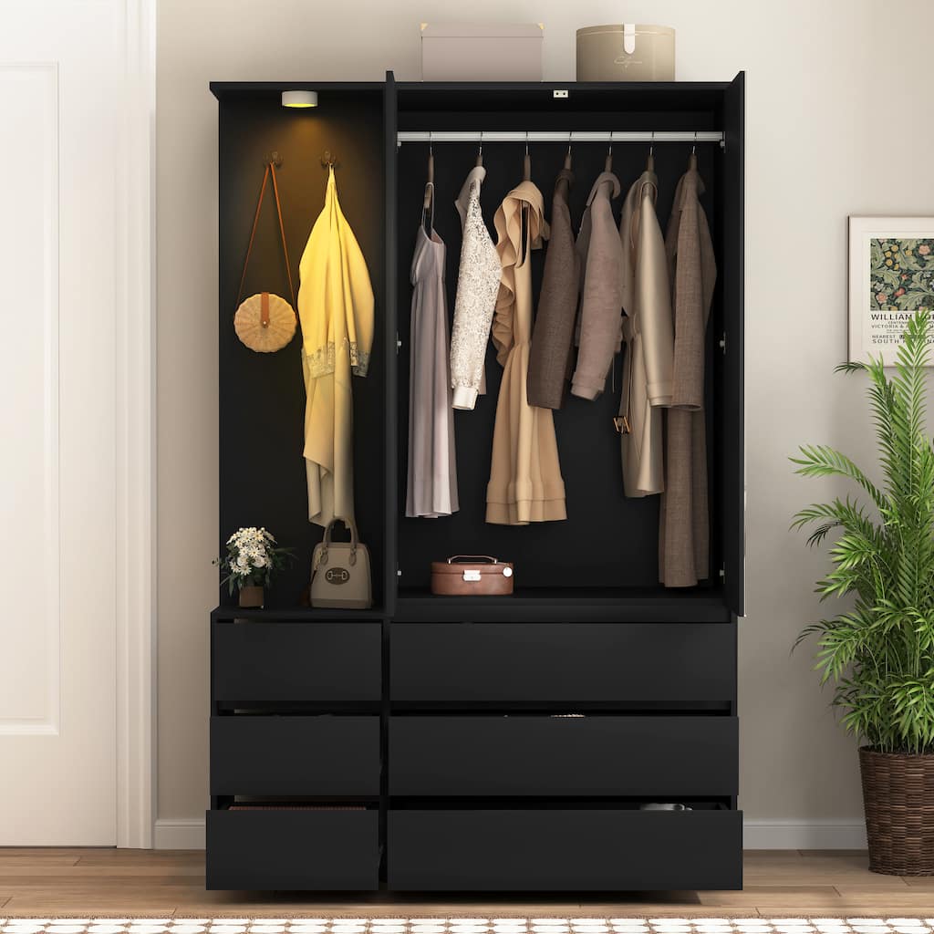 Black Wardrobe Armoire Closet with 2 Doors, Clothing Storage Cabinet with 6 Drawers and Hanging Rail