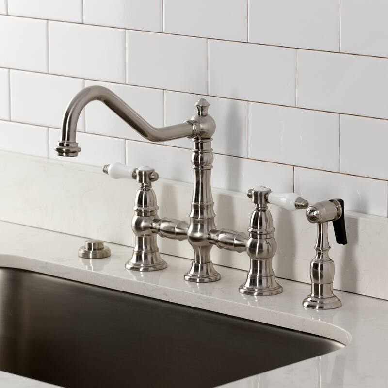 Kingston Brass Bel-Air Two-Handle 4-Hole Deck Mount Bridge Kitchen Faucet with Brass Side Sprayer