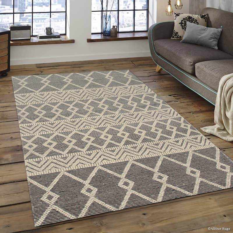 Handwoven Wool Black Contemporary Geometric Durrie Kilim Rug - Modern Artistry and Timeless Craftsmanship - 9' x 12' - 9' x 12' - Black