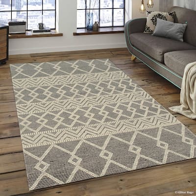 Handwoven Wool Black Contemporary Geometric Durrie Kilim Rug - Modern Artistry and Timeless Craftsmanship - 9' x 12'