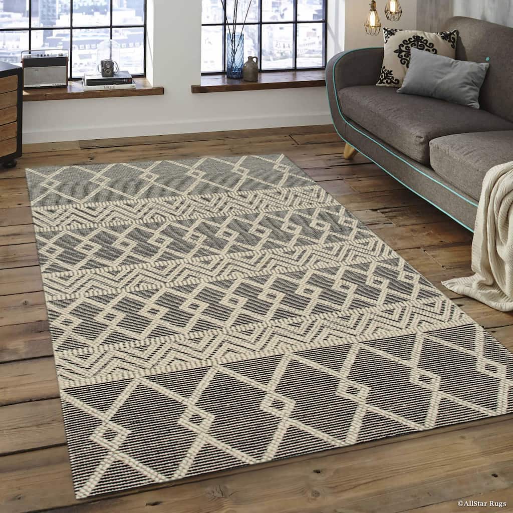 Handwoven Wool Black Contemporary Geometric Durrie Kilim Rug - Modern Artistry and Timeless Craftsmanship - 9' x 12'