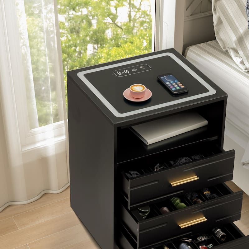 EROMMY Smart Nightstand with Wireless Charging, USB Ports, and Adjustable LED Lighting – Modern Bedside Table with 3 Drawers