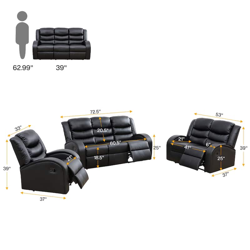 Black Faux Synthetic 3-Piece Couch Living Room Sofa Set