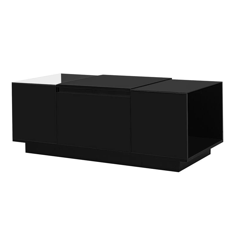 Modern Center Table with High-Gloss Finish and Glass Tabletop, Coffee Table with Open Storage Compartment and 2 Hidden Drawers