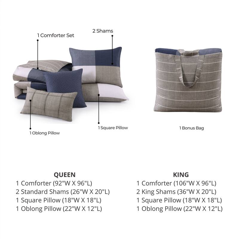 Bebejan Checkered Navy Tan 100% Cotton Sateen 5 Piece Reversible Comforter Set