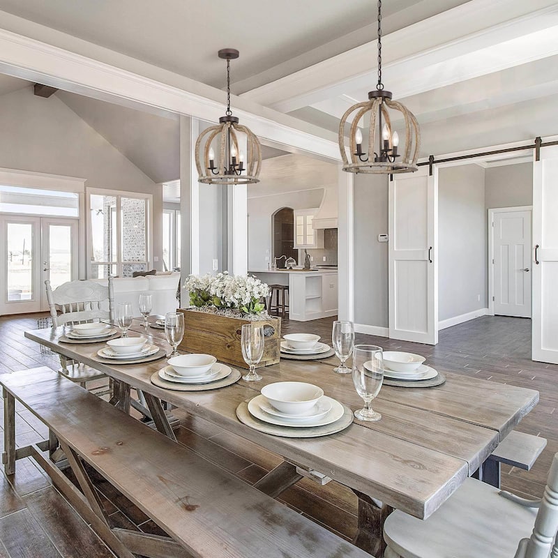Farmhouse 3-Light Wood Cage Chandelier Lantern Pendant for Kitchen Island Foyer - D15'' x H76''