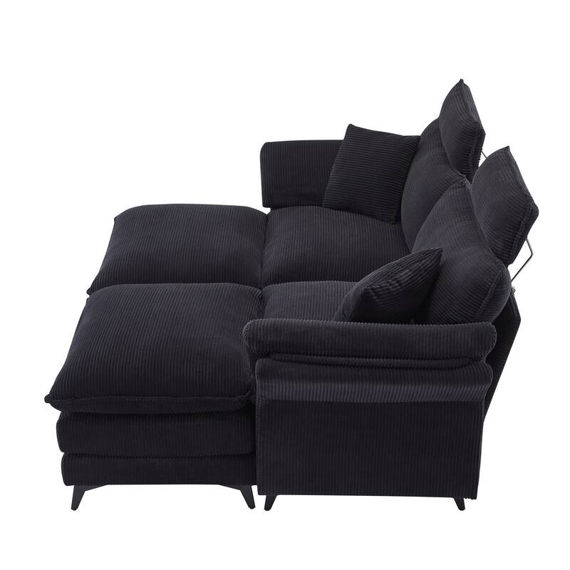 85.8'' Modern Corduroy Upholstered Sectional Sofa with Ottomans, Black