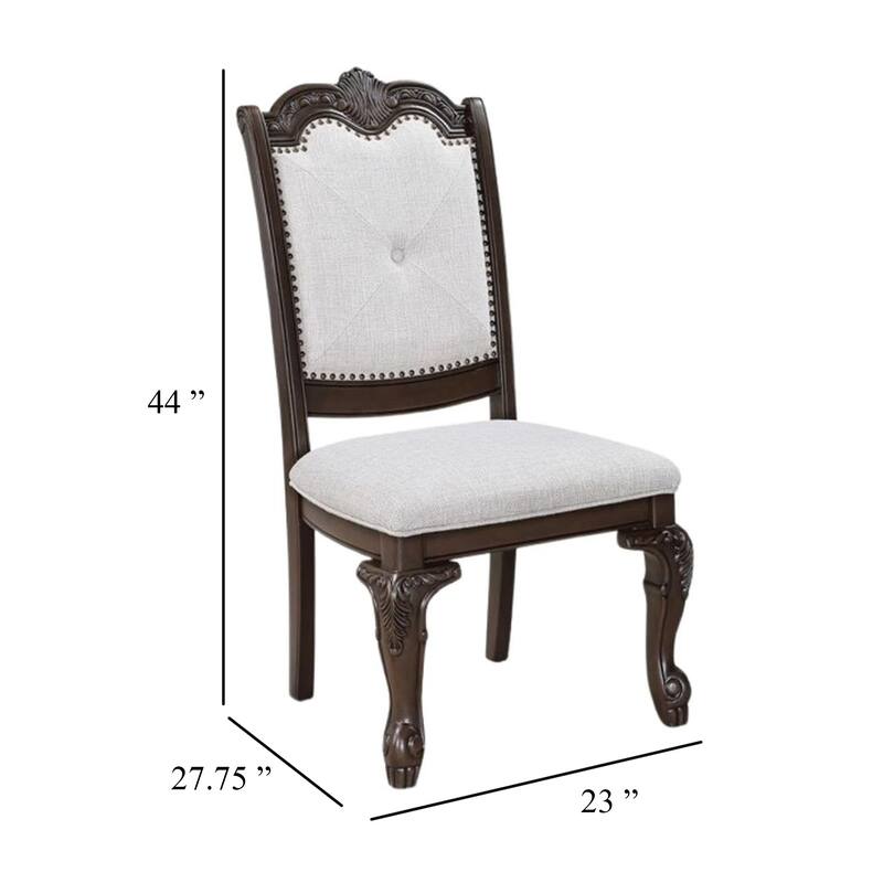 Cary Side Dining Chair Set of 2, Beige Linen, Scrolled Coffee Brown Wood