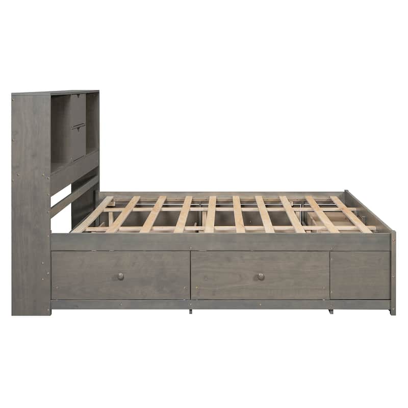 Queen Size Storage Bed Platform Bed with Open Storage Headboard, 4 Under-bed Drawers, 4 Bed End Drawers, Grey Wooden Bed