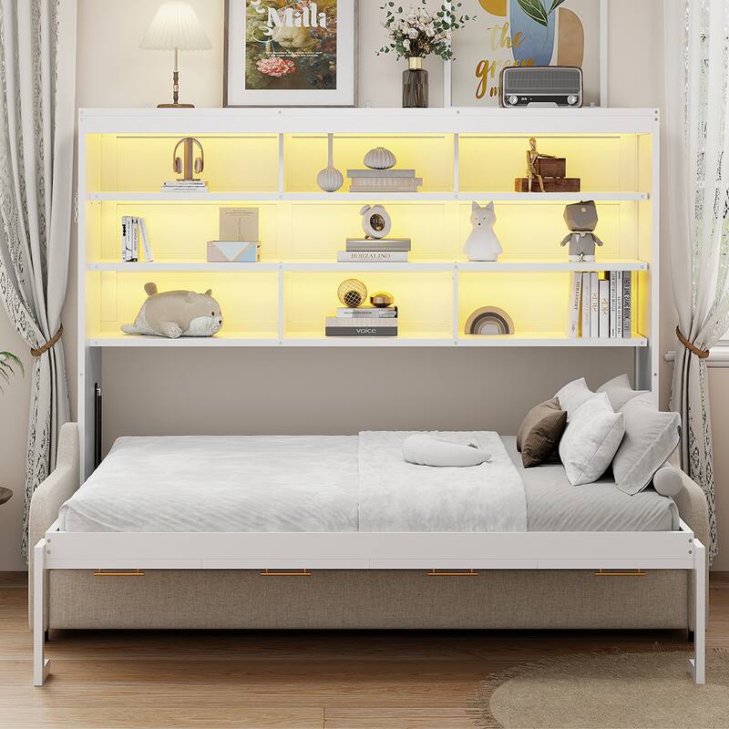 Roomfitters Queen Murphy Cabinet Bed with Folding Sofa, LED Light and Storage, Beige