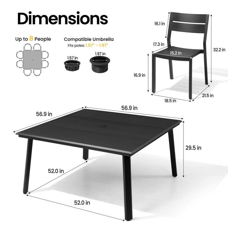 9-Piece Outdoor Patio Dining Set All-Weather Aluminum Square Table with Umbrella Hole and Stackable Chairs