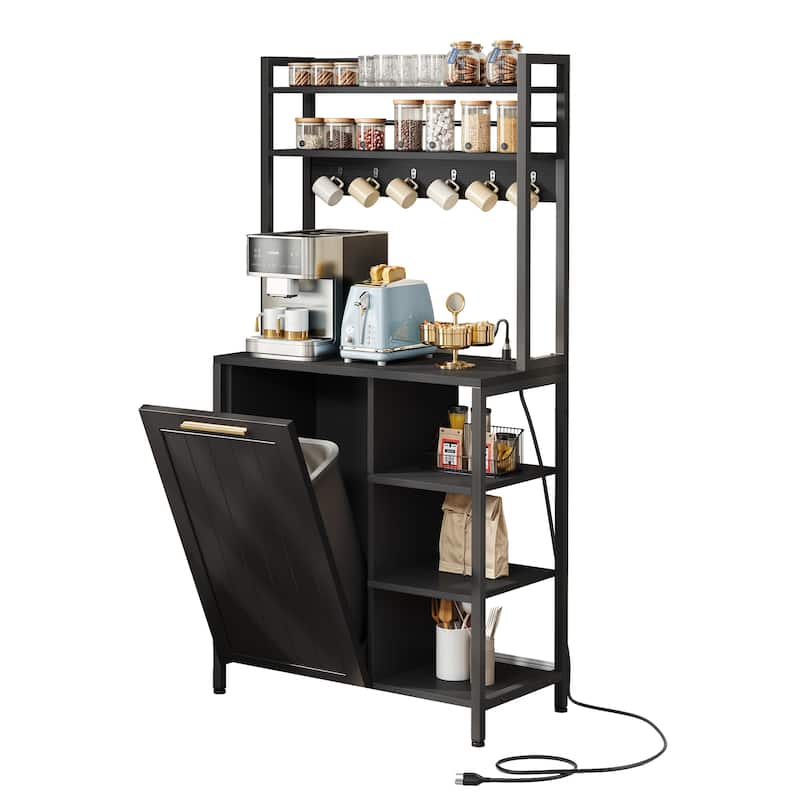 Moasis 6 Tier Kitchen Bakers Rack with Storage Shelves, Kitchen Organizer with Trash Can Bin Cabinet - Black