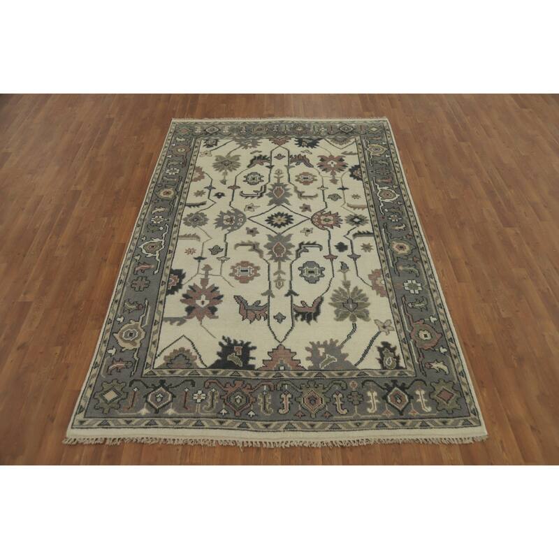 All-Over Floral Wool Oushak Indian Area Rug Hand knotted Geometric Carpet - 8' 10'' X 5' 11''