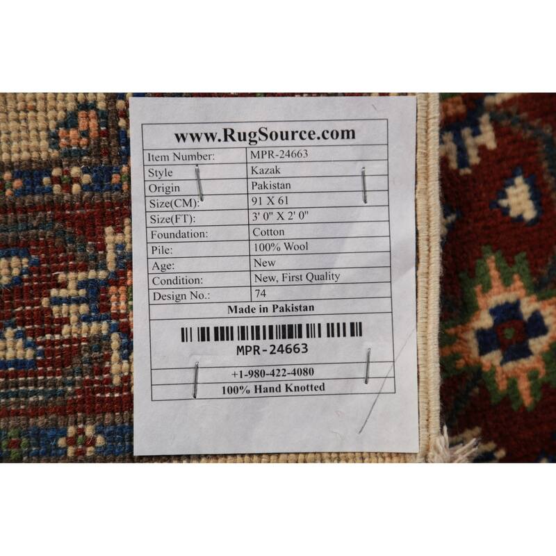 Geometric Kazak Oriental Rug Handmade Wool Carpet - 2'0" x 3'0"
