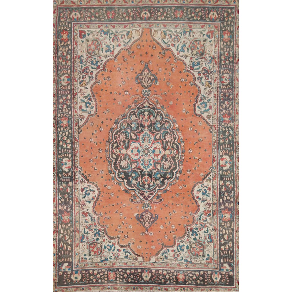 Hand Knotted Oriental 100% Wool Carpet Traditional Floral Oranges & Rust Tabriz Area Rug - 9' 3'' X 6' 8''