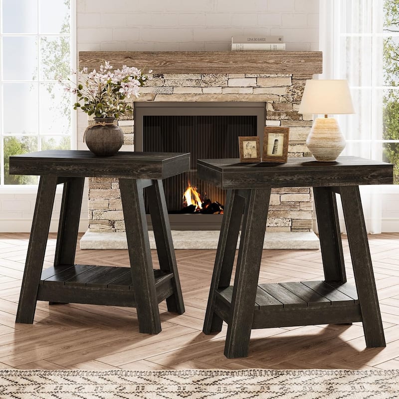 2-Tier End Table, Farmhouse Small Sofa Side Table, Nightstand for Living Room - 2pcs