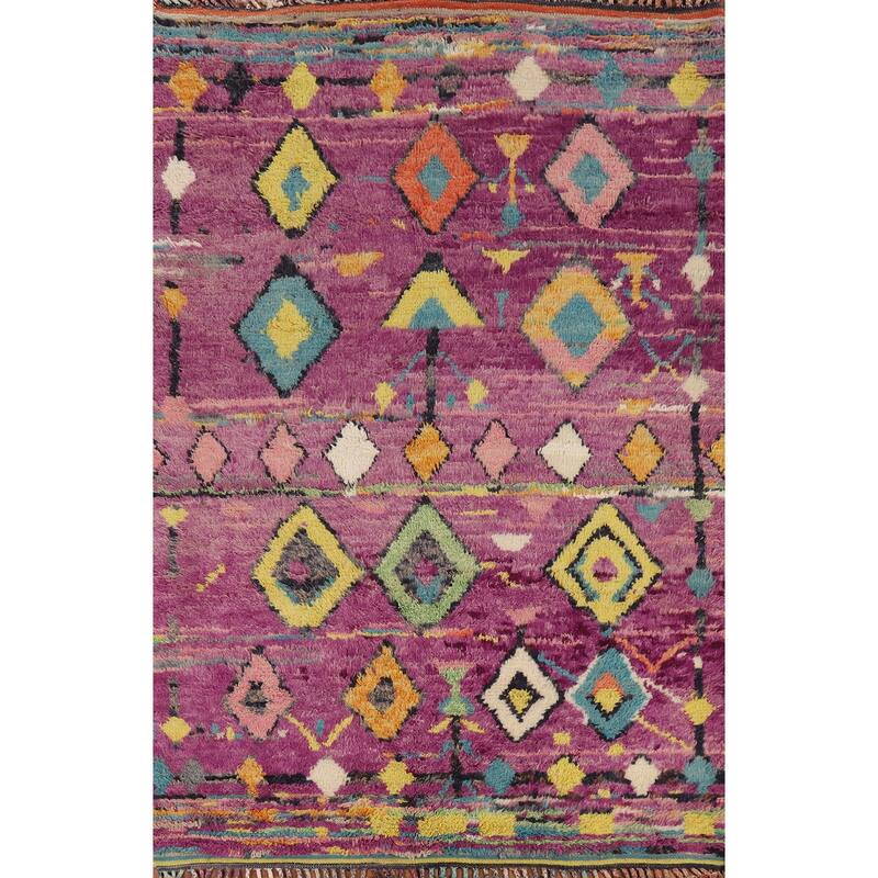 Purple Geometric Plush Moroccan Area Rug Handmade Wool Carpet - 6'1" x 9'9"