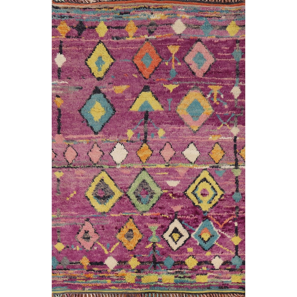 Purple Geometric Plush Moroccan Area Rug Handmade Wool Carpet - 6'1" x 9'9"