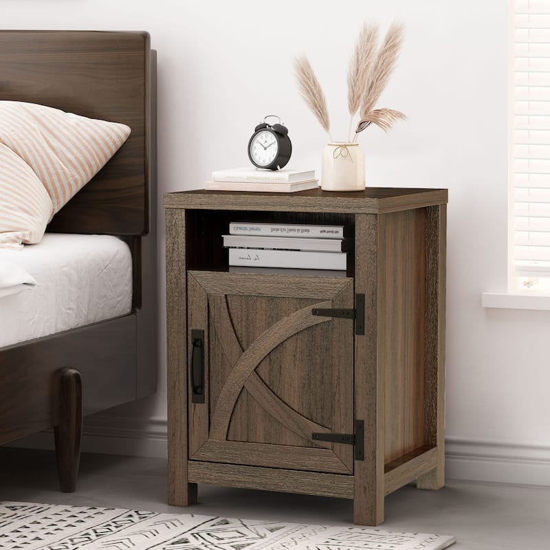 Walnut Barn Door Sofa End Table Nightstand Bedside Table with Storage Shelf - Walnut