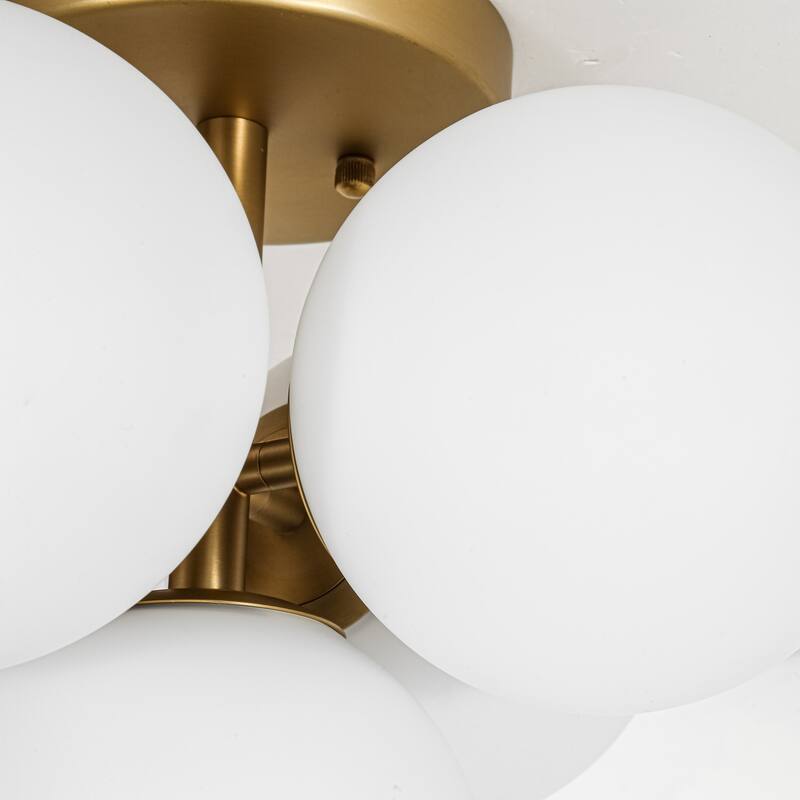 5-Light Modern Gold Frosted Glass Globe Semi-Flush Mount Light - 15 in. diameter × 12.2 in. height