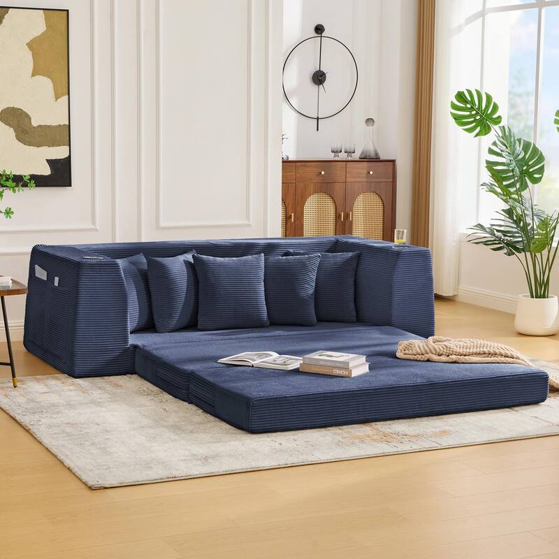 2 in 1 Convertible Sofa Bed, Sleeper Sofa with Storage Pockets, Pull Out Loveseat Couch with Two Cup Holders