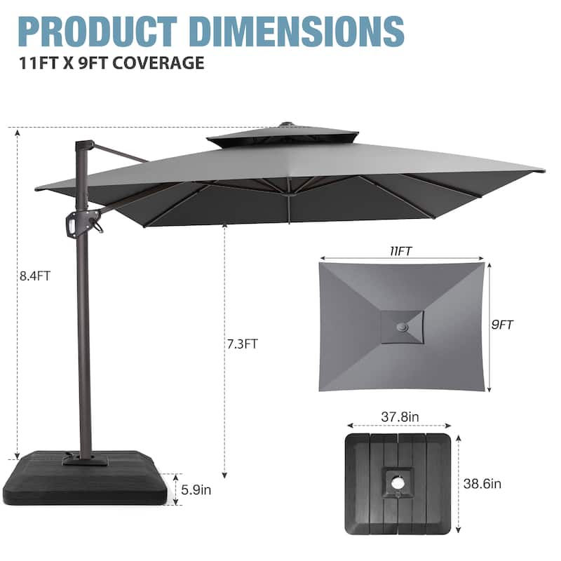 VredHom Patio Outdoor 9 x 11 FT Cantilever-Offset Umbrella with Premium Weight Base