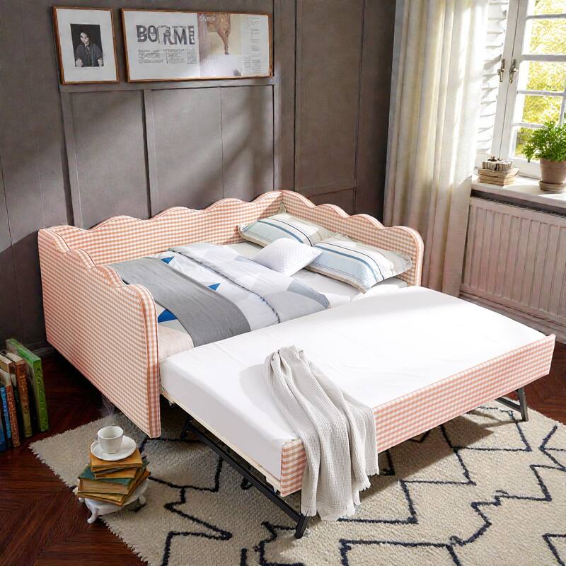 Full Size Gingham Daybed with Twin Trundle, Linen Sofa Bed with USB Port and Wave Shaped Design
