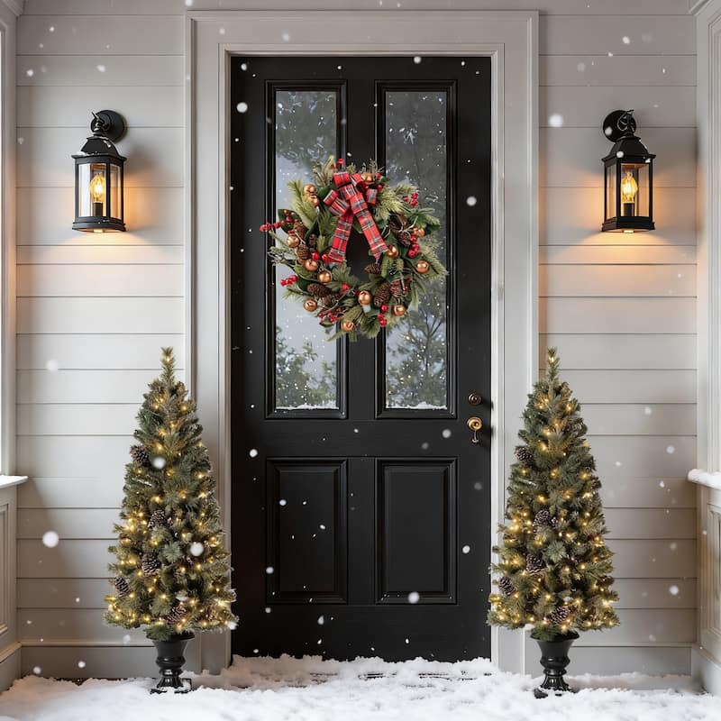 Glitzhome 4/5ft Pre-Lit Snow Flocked Christmas Tree in Pot, Berry Bow Wreath and Garland Set Xmas Decor