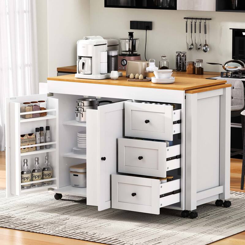 43.3'' Kitchen Island with Extendable Dining Table, Power Outlet, Spice Rack and 3 Drawers - 43.3'' x 17.7'' x 35''