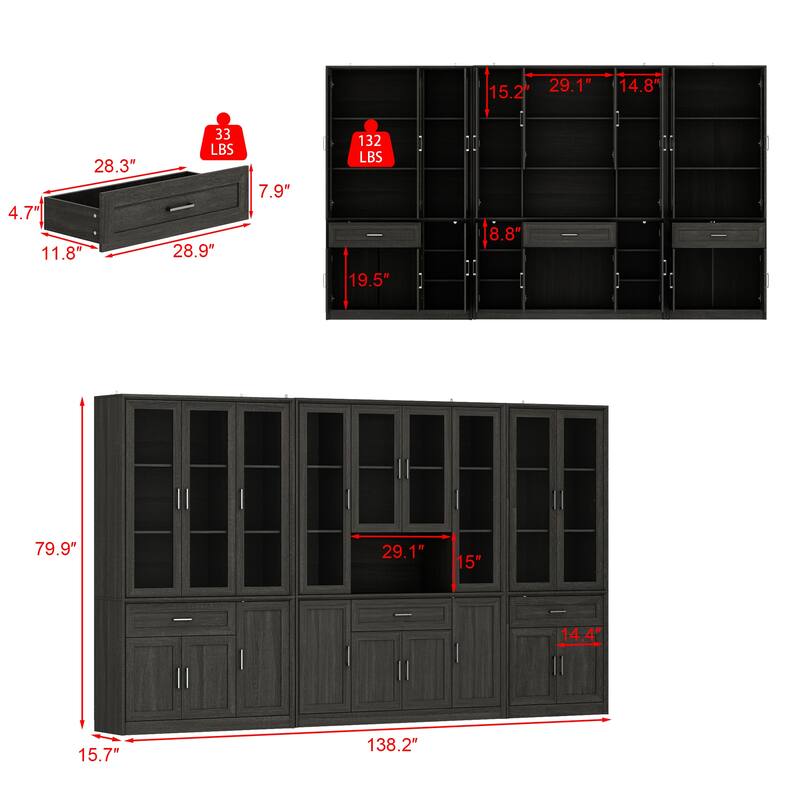 Modular Glass Door Bookcase Wall Unit with Storage Cabinets and Drawers, Dark Oak Display Hutch for Living Room or Home Office