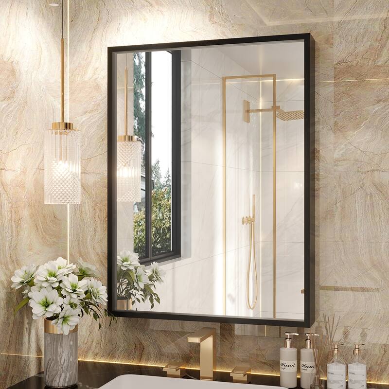 Tempered Glass and Metal Framed French Cleat Mounted Wall Bathroom / Vanity Mirror - 32" x 24" - Black