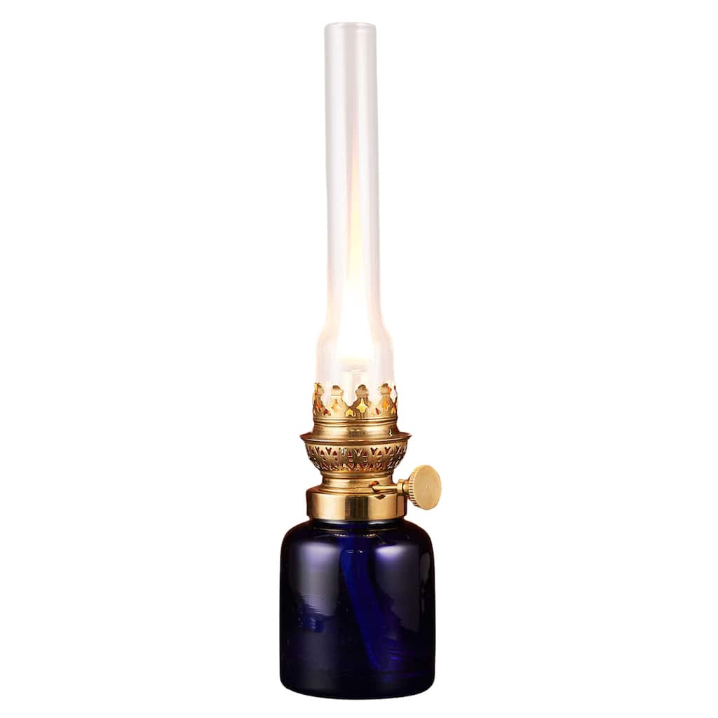 Kings County Tools 13-inch Oil Lamp with Antique-Style Glass Body and Brass Accents, Blue