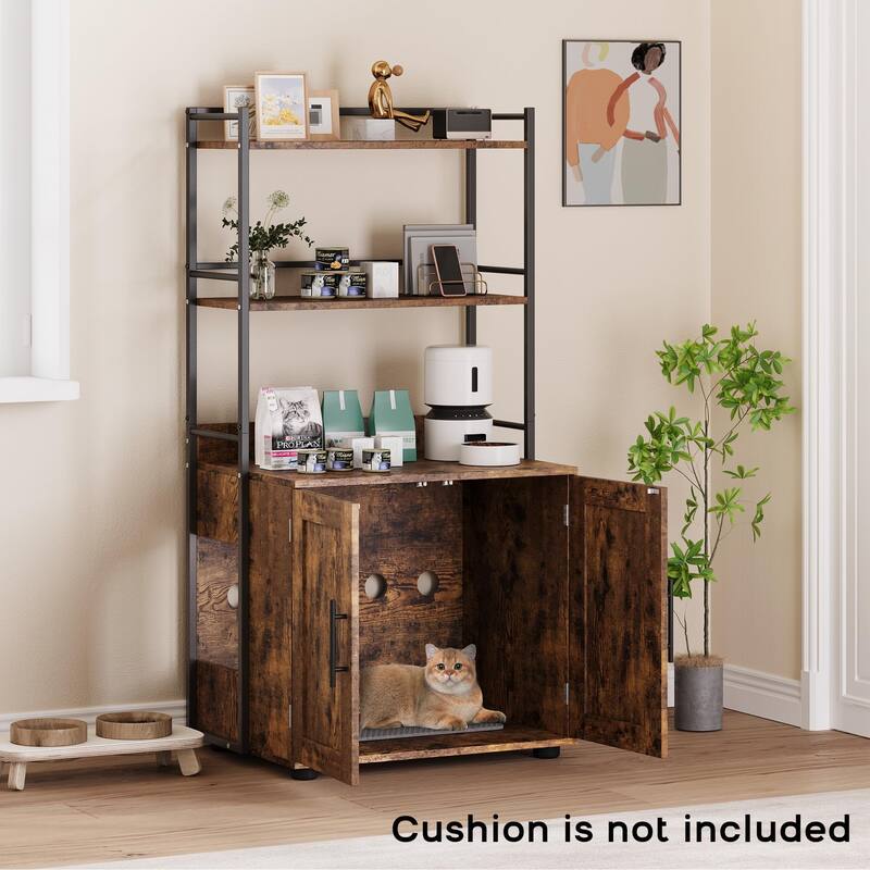 2-in-1 Cat Litter Box Enclosure with with 3 Shelves and Door
