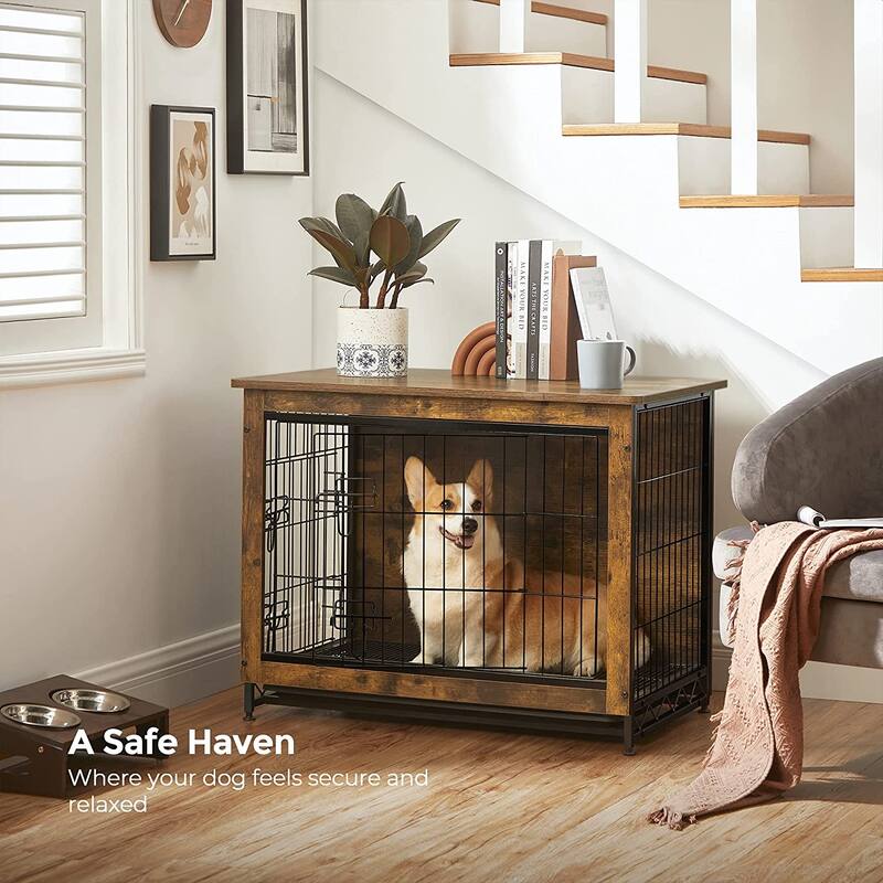 Rustic Brown Wooden Dog Crate End Table with Removable Tray and 2 Doors Ideal for Indoor Pet