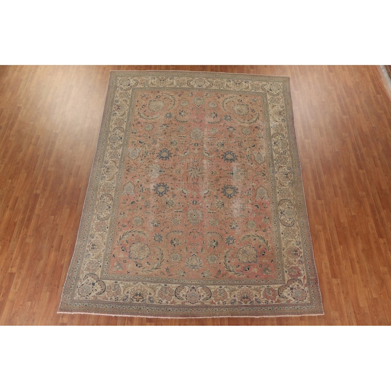 Hand Knotted Oriental 100% Wool Carpet Traditional All-Over Coral Tabriz Area Rug - 12' 6'' X 9' 2''