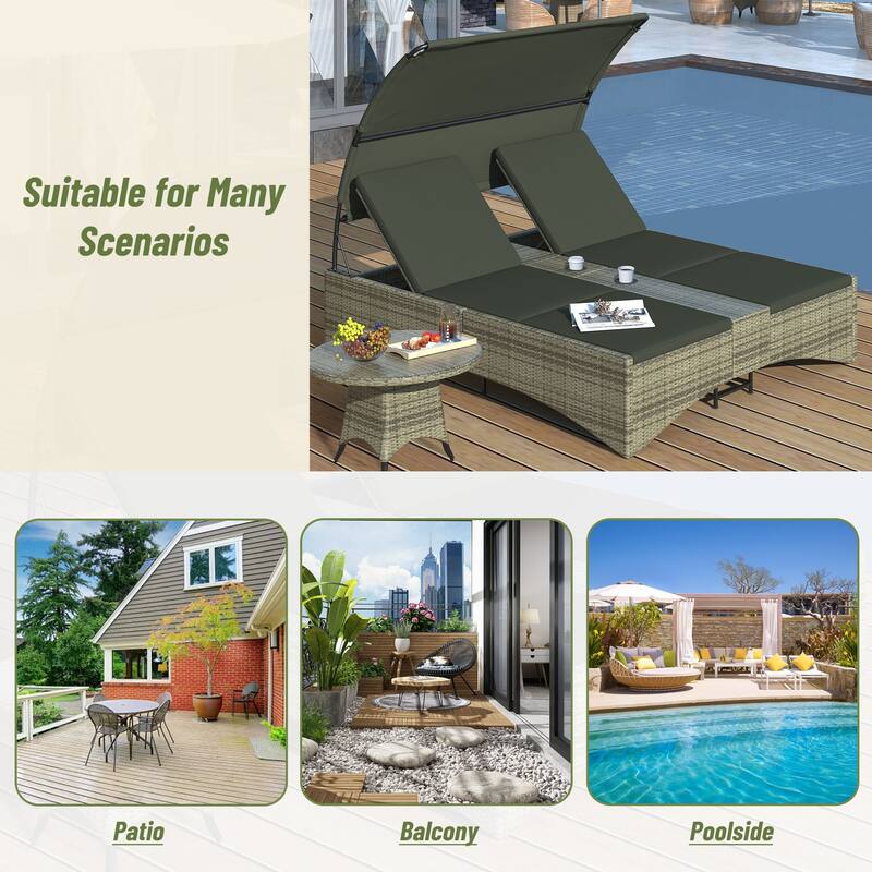 Outdoor Patio Rattan Daybed Sunbed with Canopy and Adjustable Backrest, Storage Box and 2 Cup Holders