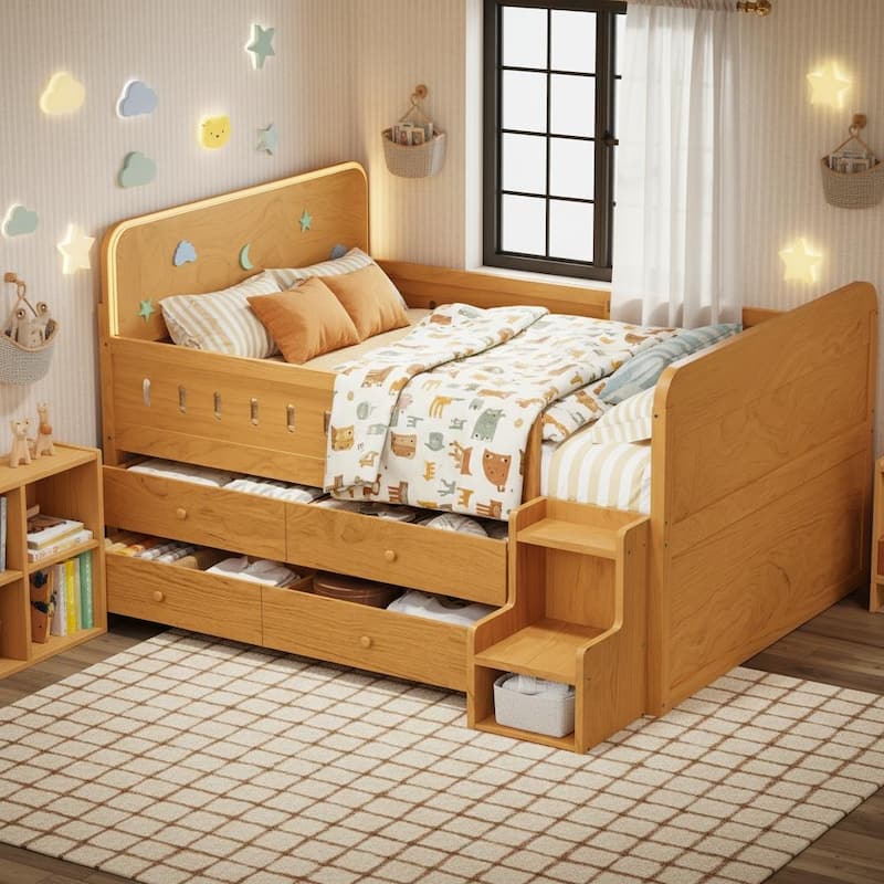 Storage Bed with LED Headboard and Four Drawers by Harper&Bright Designs - Wood