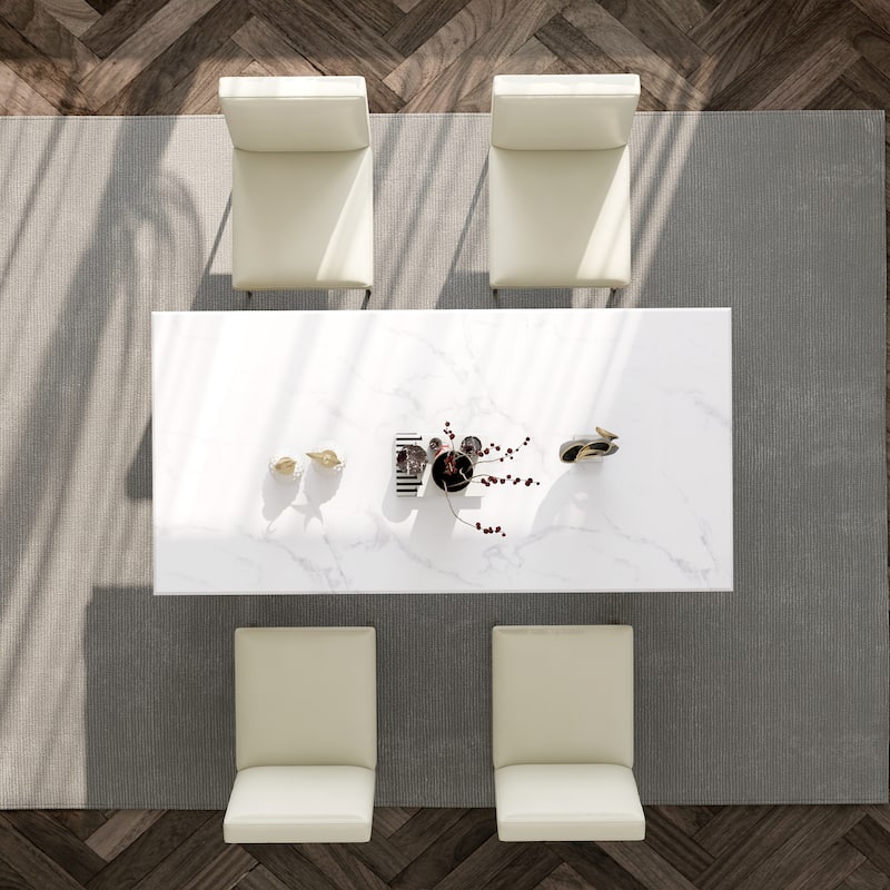 White and Gold Dining Room Table Set with 72 inch Table and White PU Leather Dining Chairs