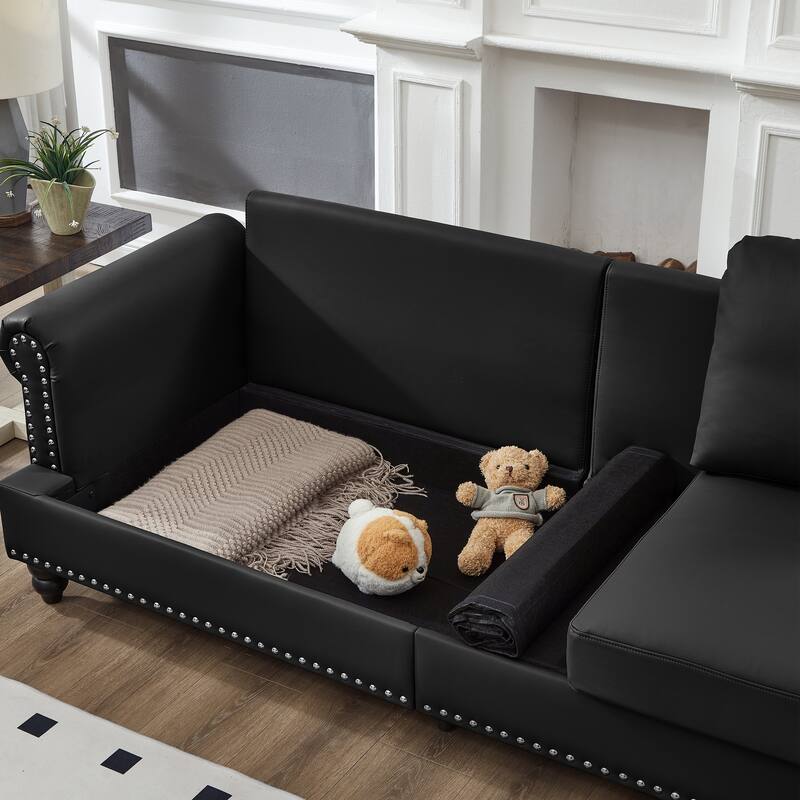 3 Seater Lounge Couch Imitation Cowhide Leather Deep Seat Sofa with Hidden Storage, Round Armrests with Silver Nailhead Trim