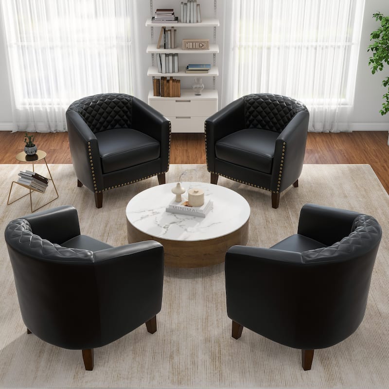 Faux Leather Tufted Nailheads Upholstered Barrel Accent Chairs - 4 Set - Black