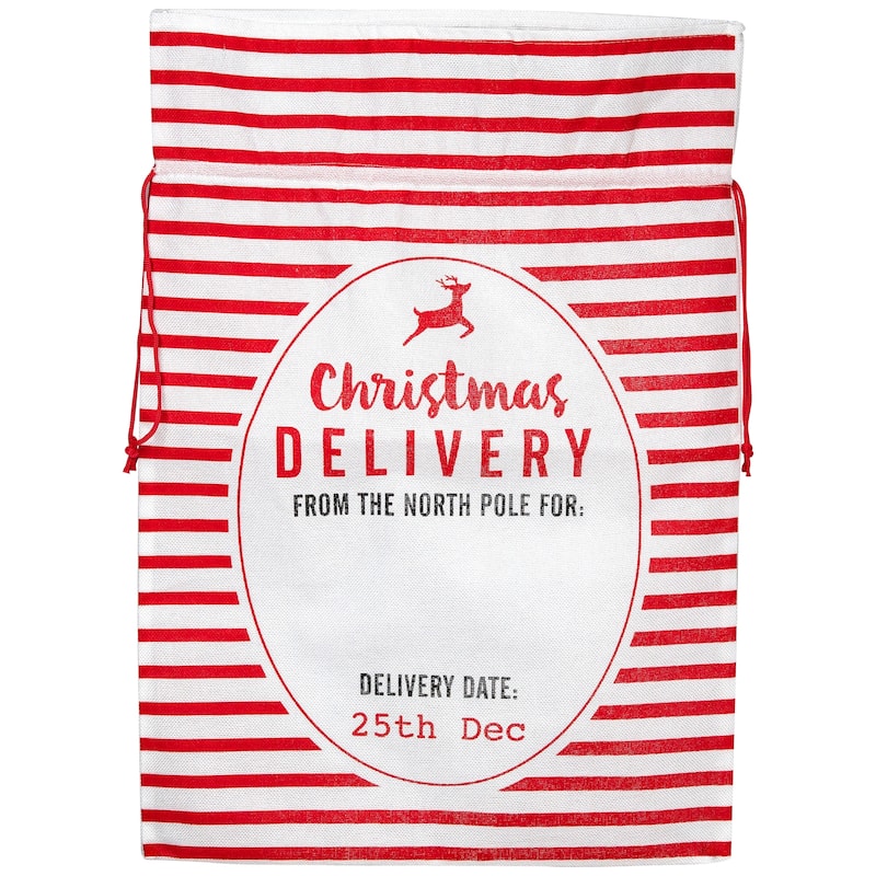 27" Beige and Red Striped "Christmas Delivery" Tie Gift Bag