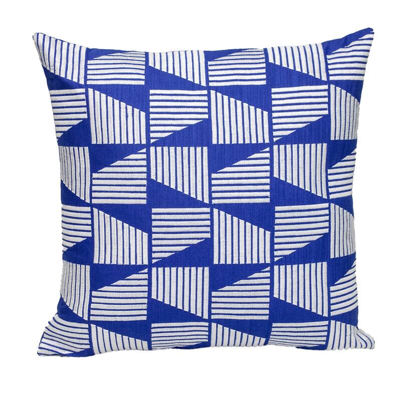 HomeRoots 18" Blue and White Geometric Cotton Throw Pillow With Embroidery