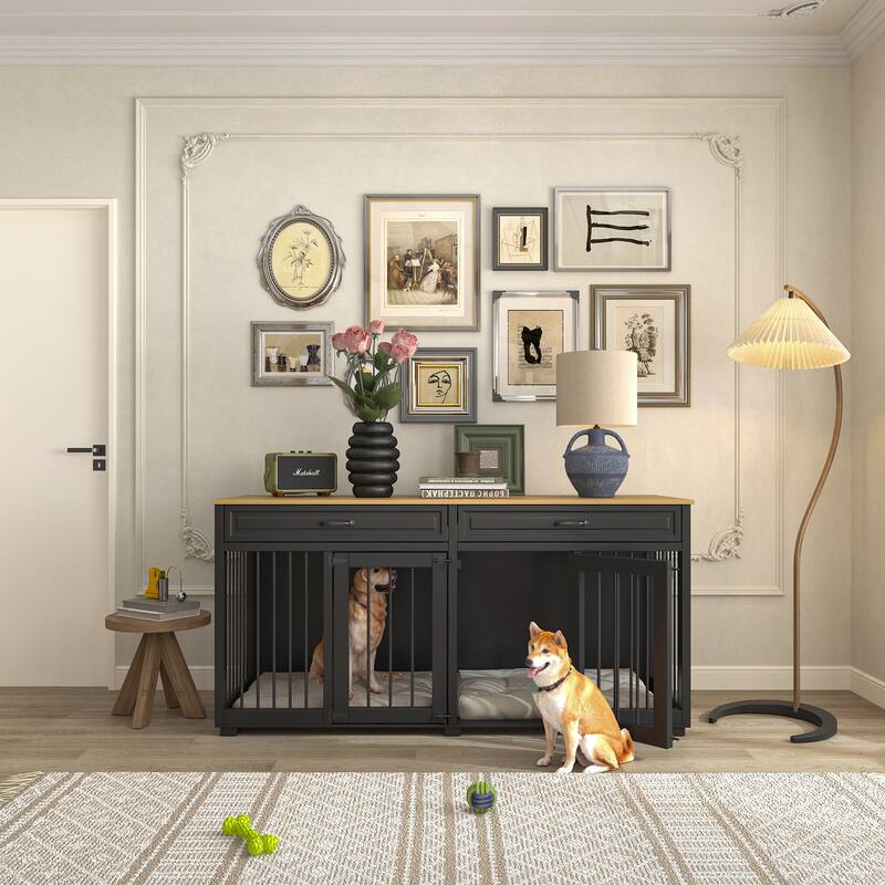Furniture Style Dog Crate, 64.5 Inch Wooden Large Dog Kennel - Black