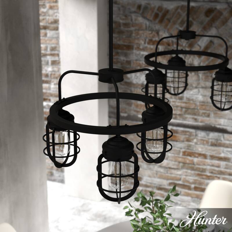 Hunter Starklake 3-Light Chandelier - Kitchen Island, Dining Room, Entry - Industrial, Wheel, Caged, Rustic - Natural Iron
